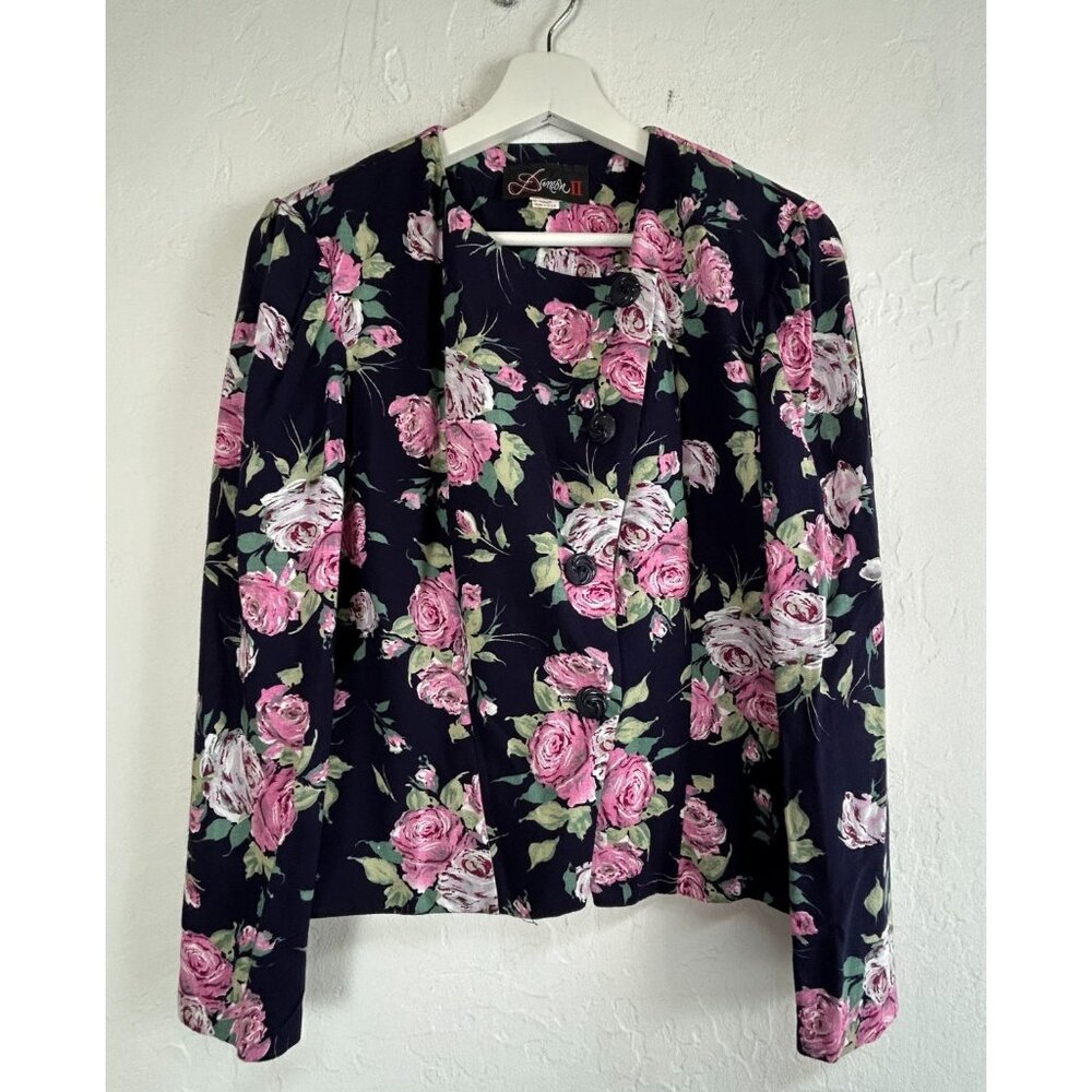 Vtg Damon II ILGWU Women's Long Sleeve Floral Blazer 10 Button Down Roses Blue